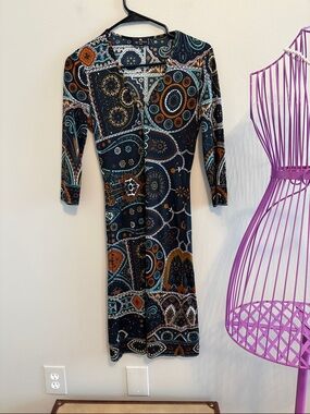 Etro Black Paisley Medallion Long Sleeve Dress with Teal & Rust Accents
